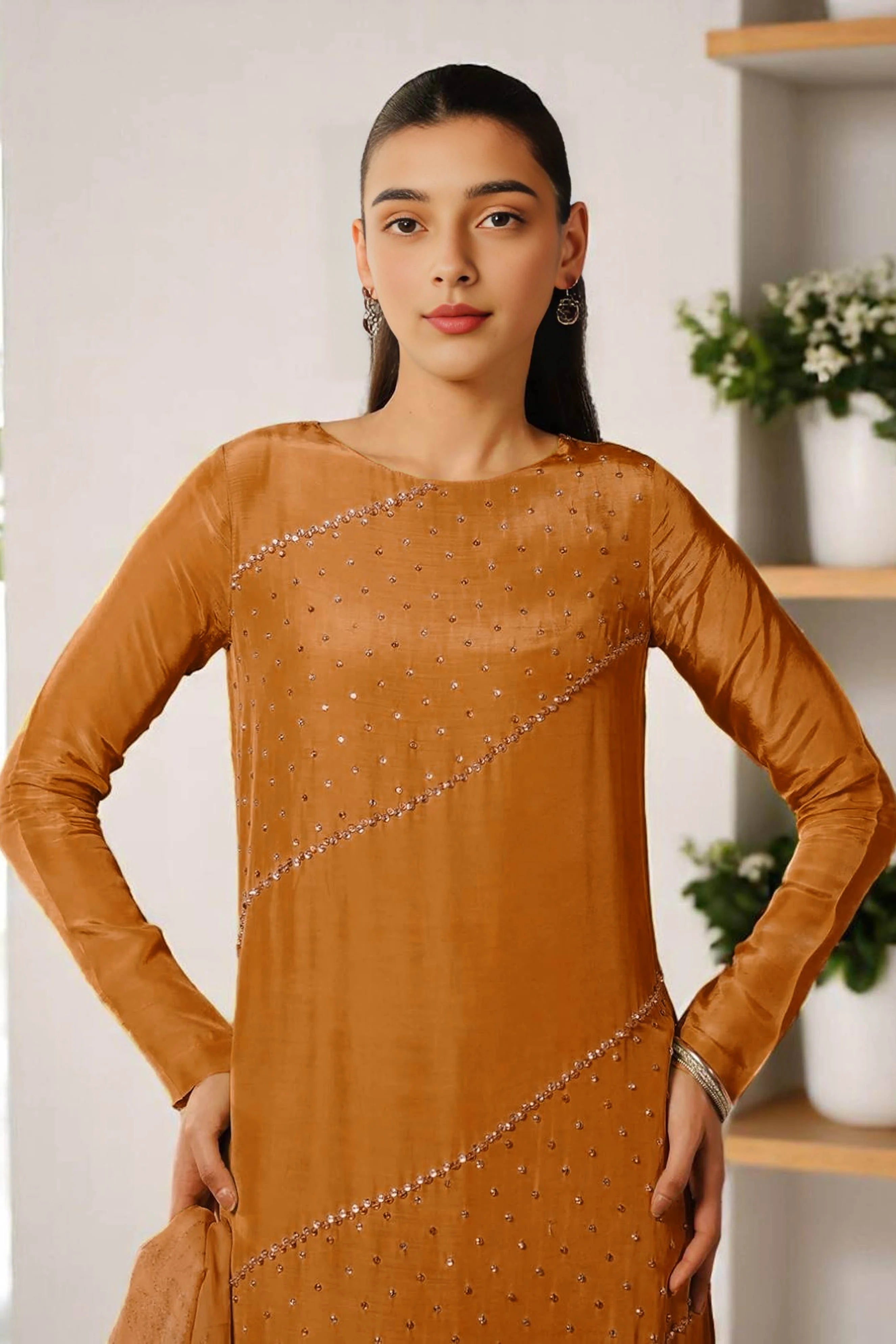 Rust Colored Long Dress with Crystal Hand Embellishments